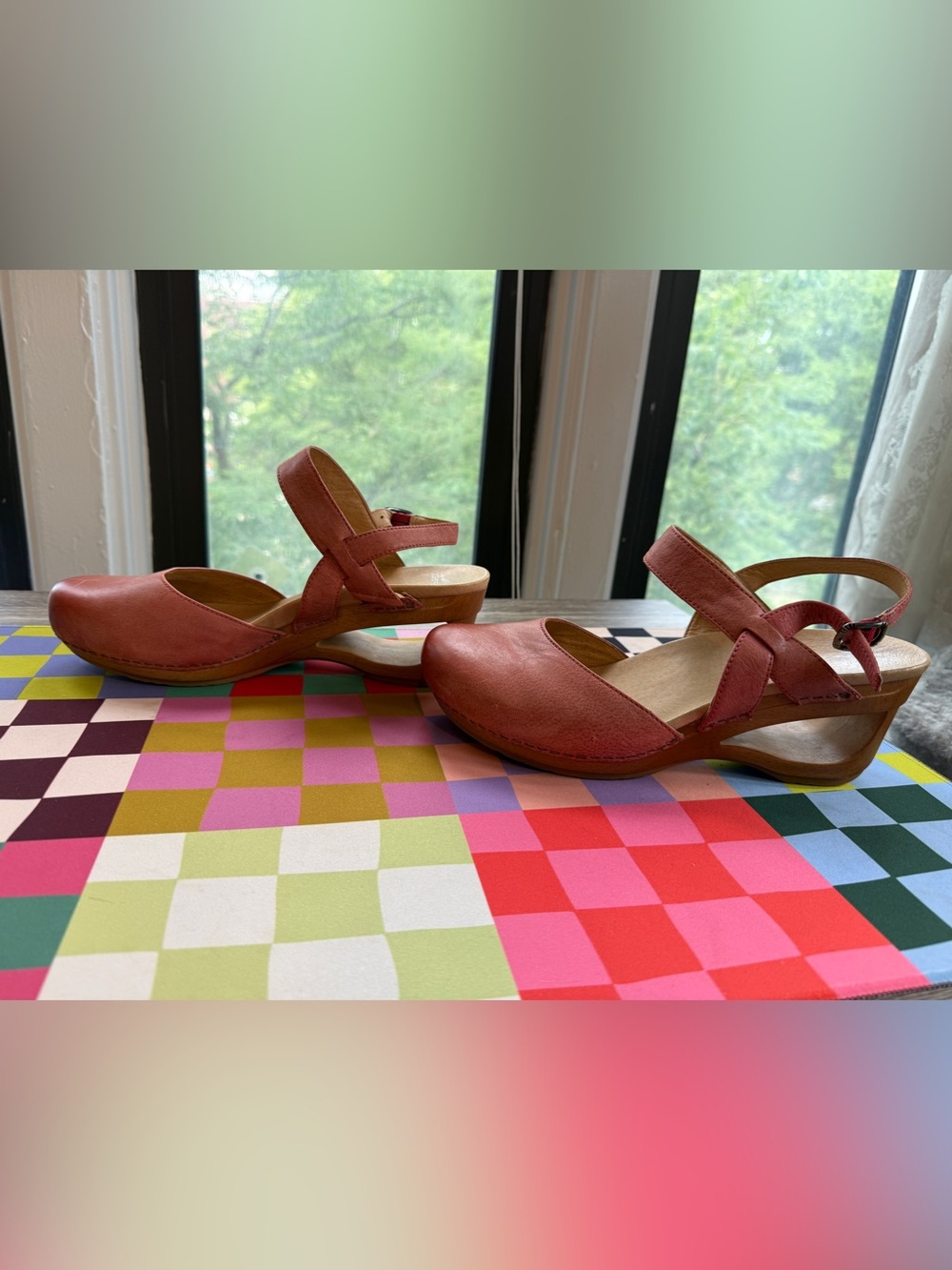 Dansko ‘Taci Waxy Calf Leather Clog’ Mary Jane Cut-Out Wedge in Brushed Pink, 42
